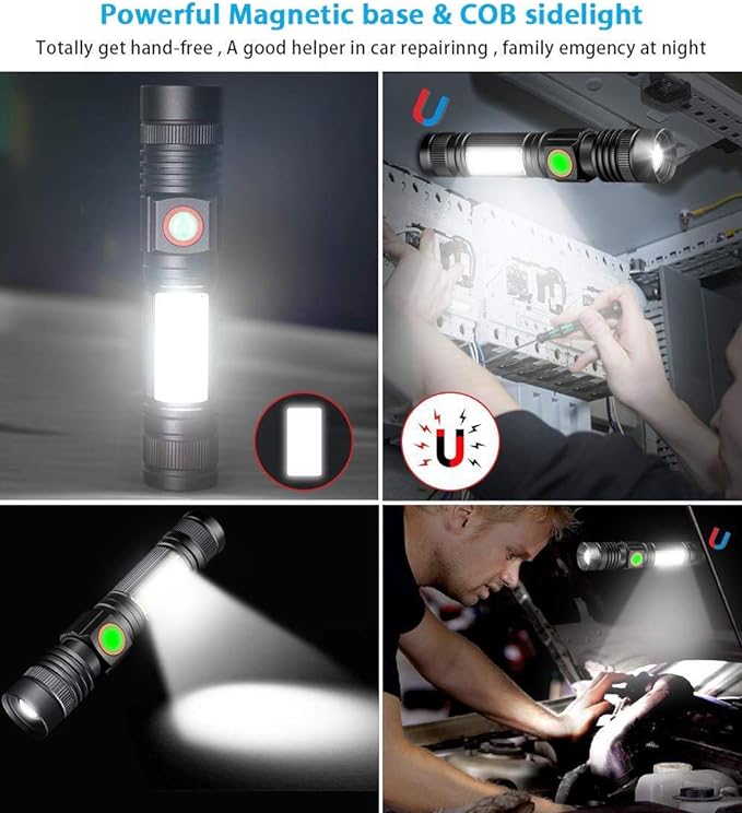 Hoxida Magnetic Flashlight USB Rechargeable, Super Bright LED Tactical Flashlight with Cob Sidelight, Waterproof, Zoomable Best Small LED Flashlight for Camping, Emergency Flashlights