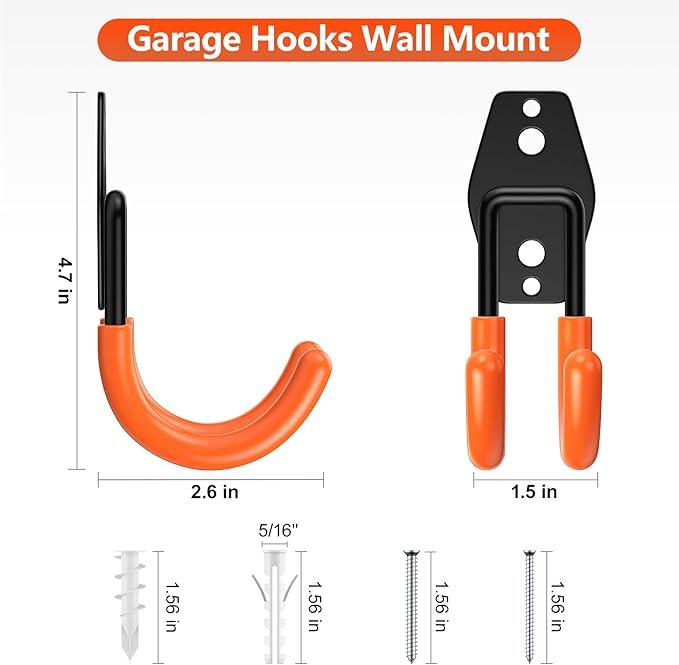 Garage Hooks with Anti-Slip Coating,Heavy Duty Wall Mount Storage Hooks for Hanging Bike,Hose,Ladder,Yard,Garden Tools (8 Pack Orange 4.7x2.6 inch)