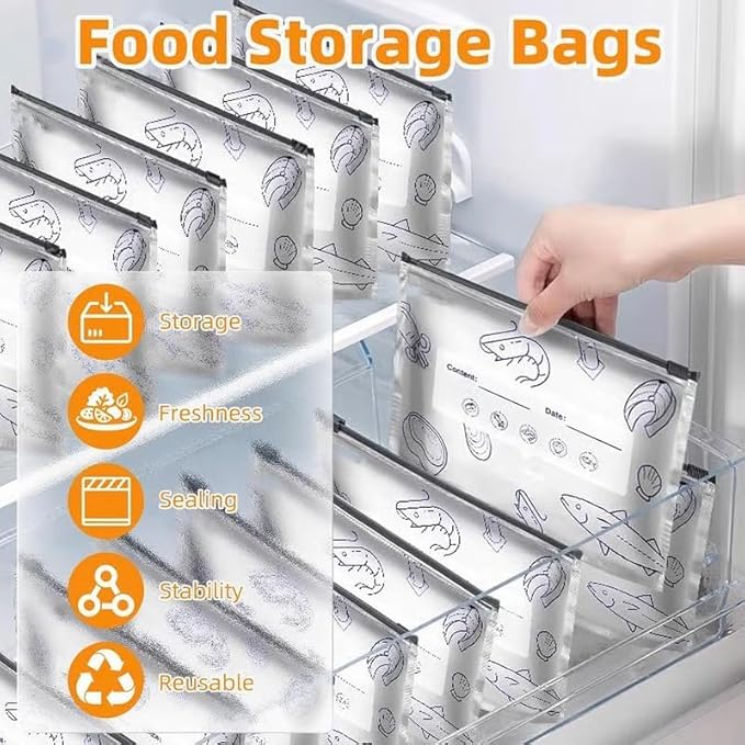 30PCS reusable aluminum foil sealed storage bags, 2025 new resealable food vacuum zipper bags, vegetable, fruit, and meat upright aluminum foil sealed bags with labels and zippers (10 each of 3 sizes)