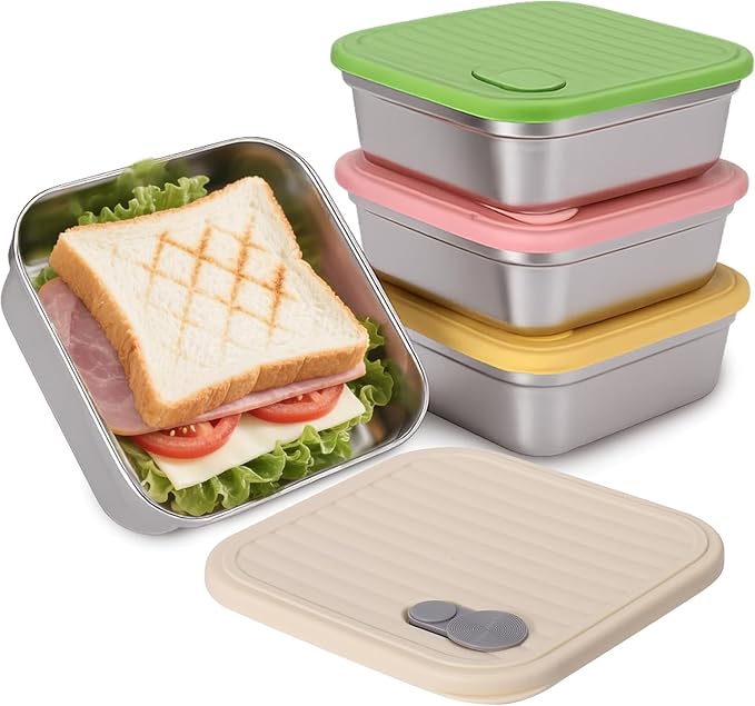 4PC Sandwich Containers, 20oz 304 Stainless Steel Sandwich Box with Lids, Reusable Metal Meal Prep Lunch Boxes, BPA-Free, Food Storage Containers for Snacks & Fruits