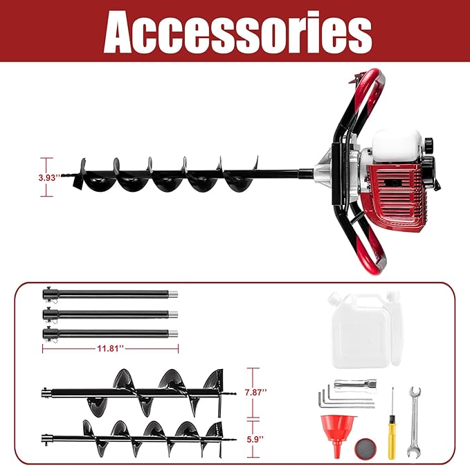 JKCHENPRO 2 Stroke Gas Powered Post Hole Digger, 52CC&1800W Earth Auger Hole Digger with Two Earth Auger Drill Bit 4" / 6" / 8", and Three 10” Extension Rods, Ideal for Farmland, Garden and Plant