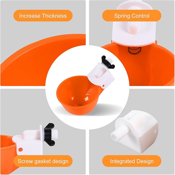 Chicken Waterer Cups (8 Pack/Orange) - DIY Automatic Large Chicken Water Feeder for Ducks,Chicks, Turkeys, Quail, Bunny, Bird and Other Various Poultry Dispenser with Matching Drill