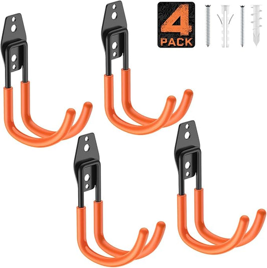 Garage Hooks with Anti-Slip Coating,Heavy Duty Wall Mount Storage Hooks for Hanging Bike,Hose,Ladder,Yard,Garden Tools (4 Pack Orange 5.5x4.1 Inch)