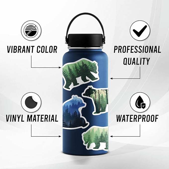 Pack 50 Pcs Funny Animal Grizzly Bear Stickers for Water Bottles Waterproof Laptop Luggage Computer Scrapbooking Teens Adults Girls Boys Aesthetic Sticker Packs Small Vinyl Decals