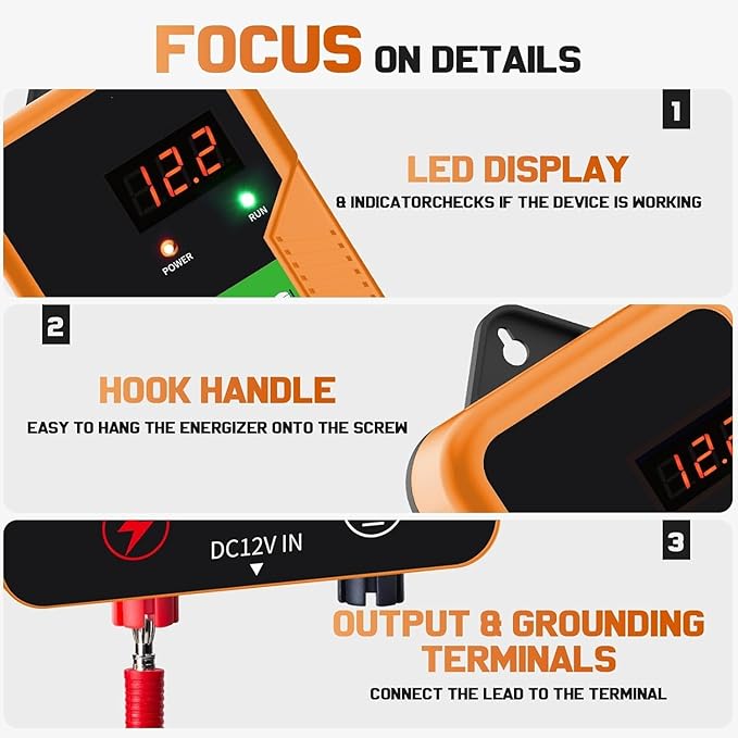 12 kV Electric Fence Charger with LED Display,2 Joule Pulse Energy,Covering up to 15 KM,Waterproof,Ideal for Home Pastures and Gardens by Containing Dogs,Livestock,Pets and Poultry