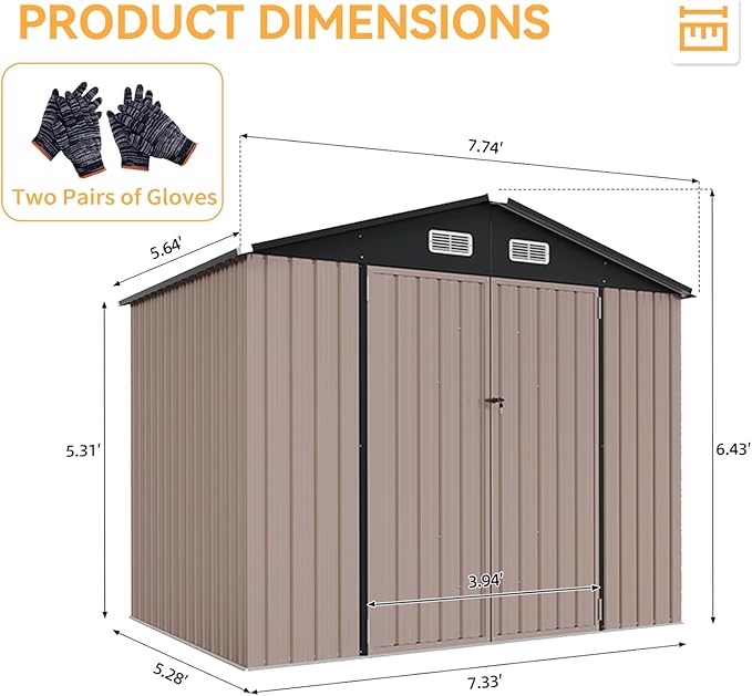 Aoxun 7x5 FT Outdoor Storage Shed with Floor Garden Metal Shed with Lockable Door Outdoor Large Shed for Tool, Garbage Can, Bike, Mower, Brown