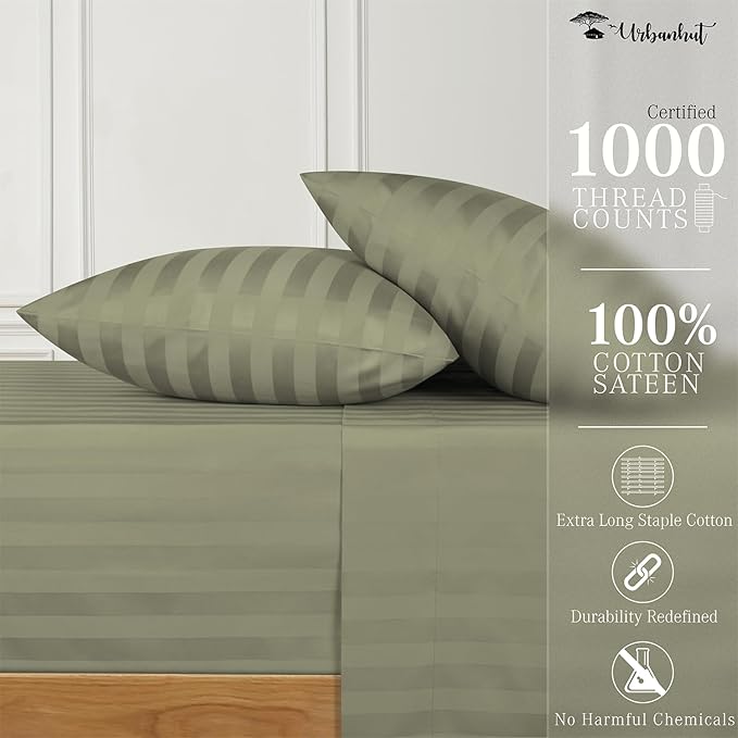 URBANHUT 1000 Thread Count Damask Striped Full Size Egyptian Cotton Sheets, Long Staple Soft & Breathable, 4 Pc Bed Sheet Sets, Luxury Hotel Sateen Finish Sheets Fits 16" Deep Pocket - Sage