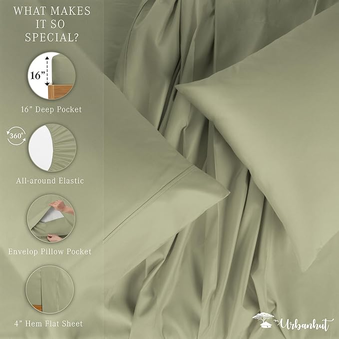 URBANHUT 1000 Thread Count Full Size Egyptian Cotton Sheets, Long Staple Soft & Breathable, 4 Pc Bed Sheet Sets, Sateen Finish Luxury Hotel Bedsheets Fits 16" Deep Pocket - Sage