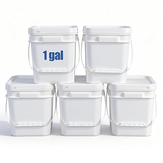 ASEVAT White 1 Gallon Bucket with Lid, Square Food Grade Storage Containers with Lids, Pail Container with Handle, Bucket for Cleaning Heavy-Duty Extra Durable BPA Free