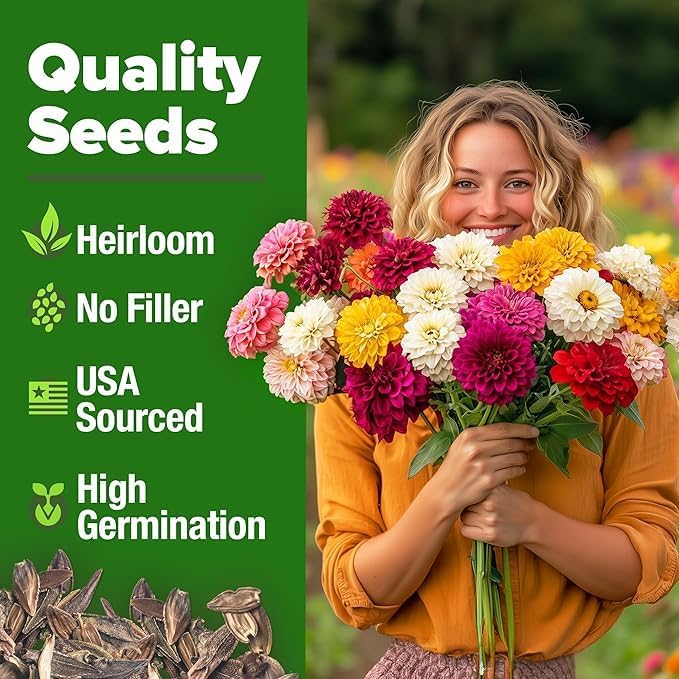 HOME GROWN USA Premium Zinnia Dahlia Seeds Pack for 2026,1048 Non-GMO Flower Seeds, Vibrant Zinnia Elegans for Planting Pollinator Gardens, Borders & Containers, Easy-to-Grow Outdoor Blooms