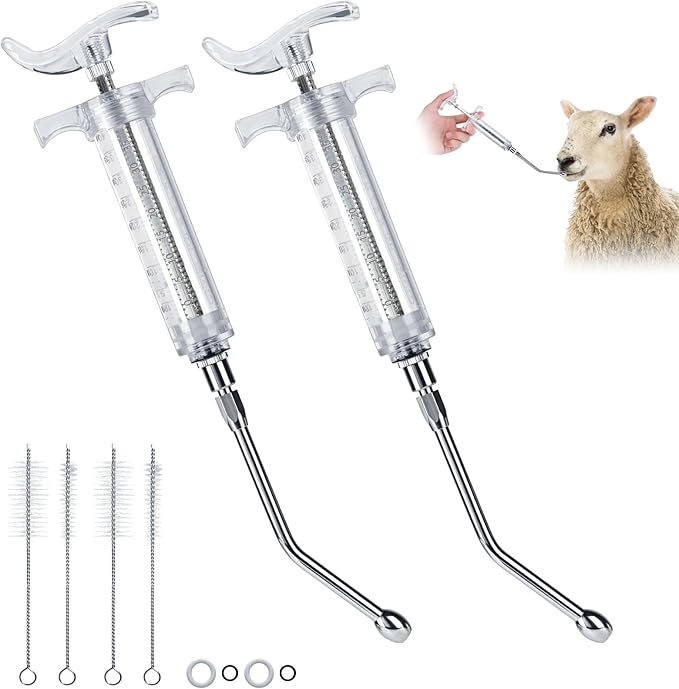 2 Pieces Reusable Goats Syringe with 2 Drench Nozzle, Adjustable Dosage Detachable Sheep Drench Livestock Syringe for Sheep Baby Goat Supplies - 50ML