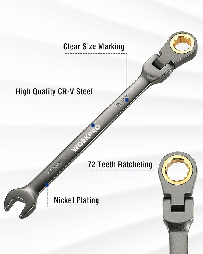 WORKPRO 8 mm Flex-Head Ratcheting Combination Wrench, Cr-V Constructed, Nickel Plating, 72-Teeth, 12 Point Design, Metric