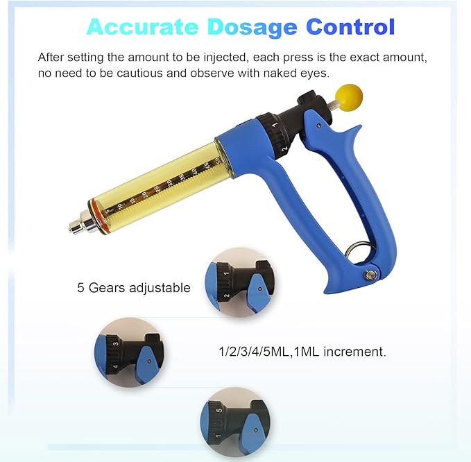 50ML Semi Automatic Livestock Syringe, with Extra 3 Colored Piston Rod Knobs, Adjustable Continuous Repeating Luer Lock Syringe for Cattle Cow Goat Sheep Pig