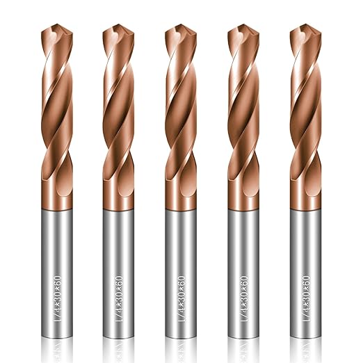 Solid Carbide 1/4" Drill Bits, Tungsten Carbide Drill Bit Set with TISIN Coated, Metal Drill Bit Set for Stainless Steel Hardened Steel Cast Iron Alloy Copper, 5 Pcs