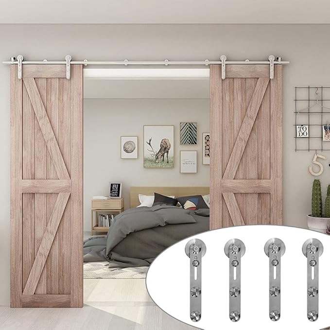 TSMST 16FT Sliding Barn Door Hardware Kit, Top Mount Stainless Steel Heavy Duty Sturdy Barn Door Track for Double Wood Door, Slide Smoothly Quietly (I Style)