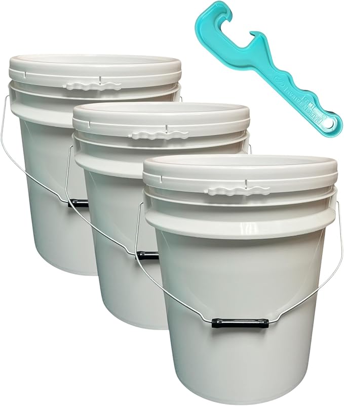 5 Gallon Plastic Bucket Pail with Lid (Pack of 3) – Includes Free Bucket Opener - Food Grade, BPA Free, Heavy Duty –– for Storage, Emergency, Paint, Brining, and More (White)