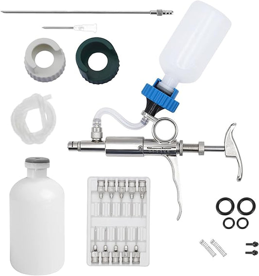 5ML Livestock Syringe Gun, Automatic Self Refill Injection Gun Continuous Adjustable Bottle Attachment Livestock Animal Syringe with 10 Needles, for Chicken, Duck, Pig, Sheep, Cow Poultry