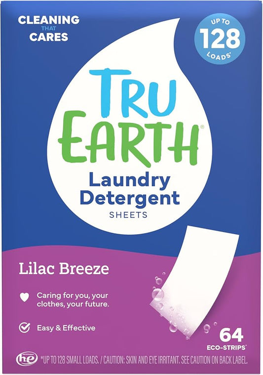 Tru Earth Compact Dry Laundry Detergent - Up to 128 Loads (64 Sheets) - Paraben-Free - Original Eco-Strip Liquidless Detergent, Travel - Lilac Breeze | Packaging May Vary
