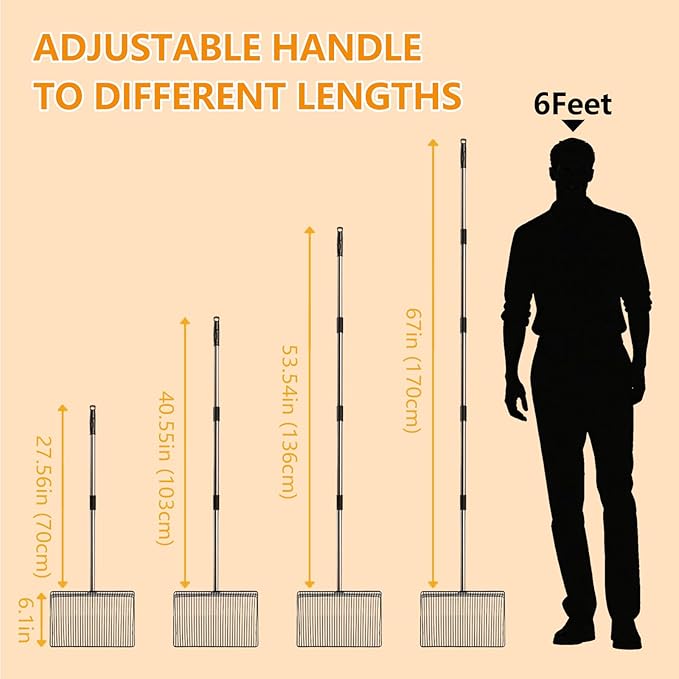 10 Inch Chicken Pooper Scooper & Sifting Shovel with 5-Stage Adjustable Handle (27" to 67"),Stainless Steel Handle, Litter Sifting Shovel for Chicken Coop, Farm, Sheep Pen, Cat Litter