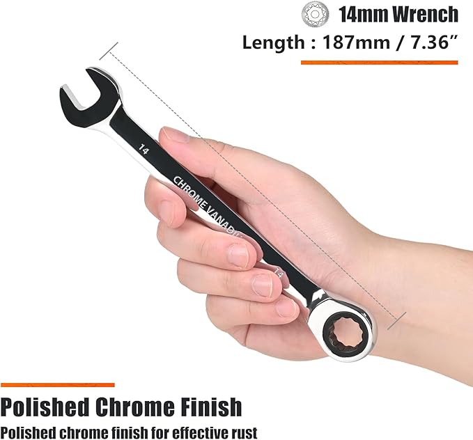 Egofine 14mm Ratcheting Combination Wrench Metric, Industrial Grade Gear Spanner with 12-Point Design, 72-Tooth Ratchet, Chrome Vanadium Steel