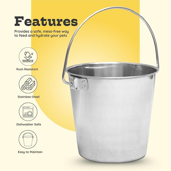 13 quart Heavy Duty Stainless Steel Round Bucket with Handle | 3.25 gal Sturdy Food & Water for XXL Dogs Goats sheep Horse & Livestock | Fits kennel Crate Cage Farm | Hanging Utility Pail