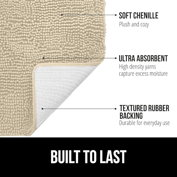 GORILLA GRIP Bath Rug Mat, Thick Soft Absorbent Chenille, Quick Dry Microfiber Mats, Rubber Backing Washable Shower Floor Rugs, Bathmat Runner, US Designed Bathroom Home Decor Accessories 24x17, Sand