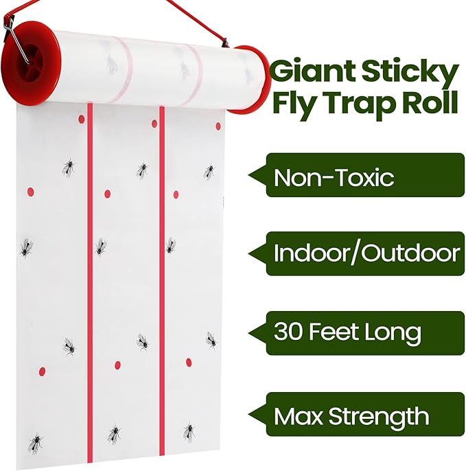 Qualirey Giant Sticky Fly Traps,30 Feet Fly Strips for Indoor Outdoor Hanging Flying Tapes Non Toxic Ribbon Fruit Gnat Killer for Mosquito Plants House Horse Stable (White,2 Pcs)