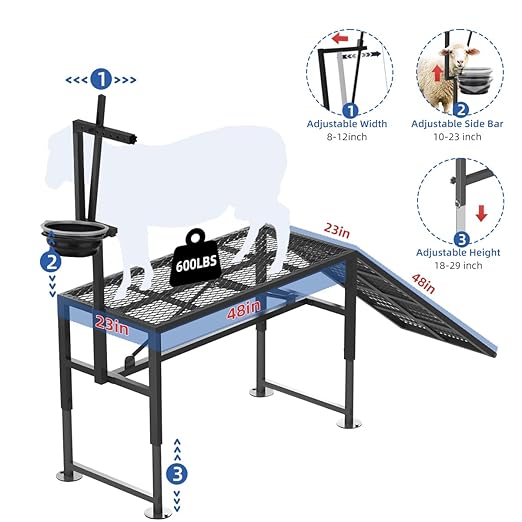 Height Adjustable Metal Goat Milking Stand with a Ramp- 600LBS Livestock Trimming Stand with Feed Bin- Goat Stand Ramp Use for Lambs Goats for Sheep Trimming