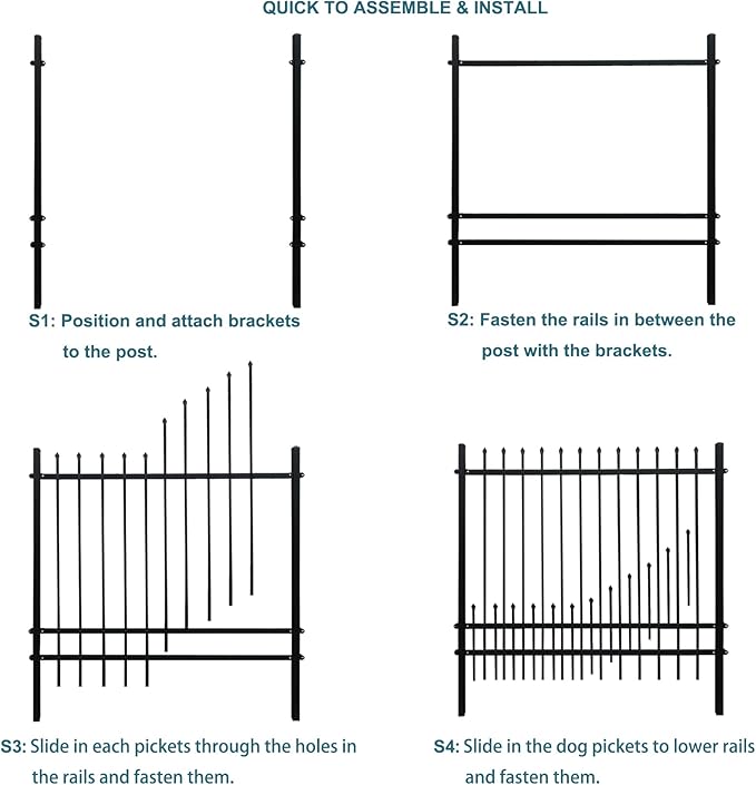 Metal Fence Panels with Dog Pickets, 6ft H x 6.5ft W Galvanized Steel Fence DIY Installation for Outdoor Garden Fence incl. 1 Fence Post, Wrought Iron Style Steel Fencing, Black (Upgraded)