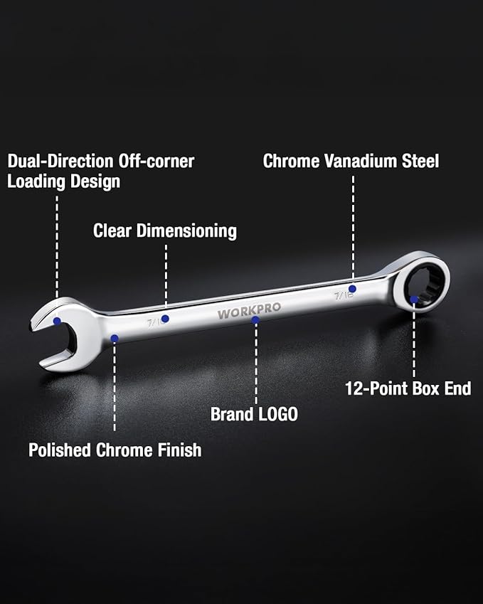 WORKPRO 7/16" Ratcheting Combination Wrench SAE, CR-V Constructed with Mirror Polish Chrome Plating, 12-Point Design, 15-Degree Offset