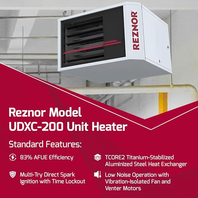 Reznor 200,000 BTU LP Gas Commercial Propane Heater | Garage, Warehouse, and Propane Shop Heater | Forced Air Unit, Ceiling Mount, Low Static Propeller Fan | Vertical Cat 1 B-Vent Kit | UDXC-200