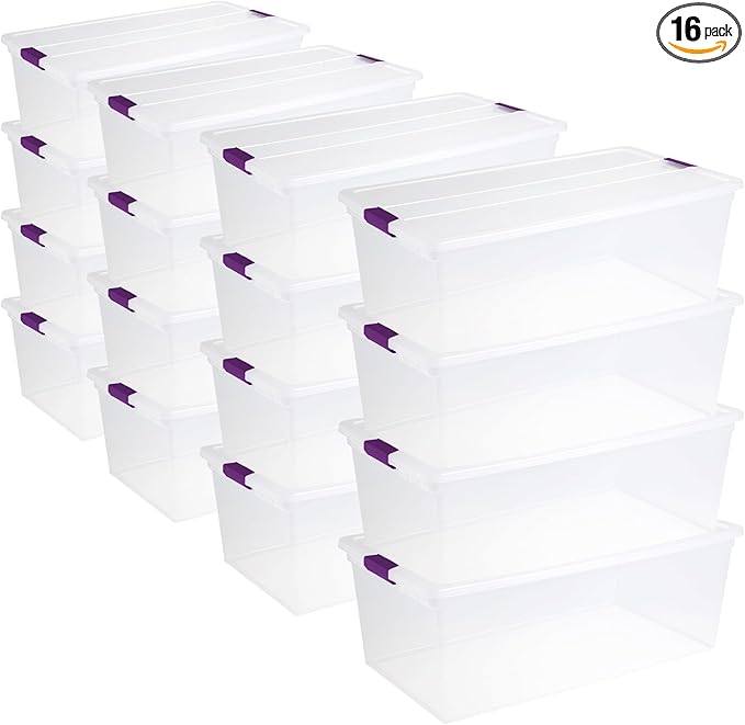 Sterilite 16-Pack 110 Quart ClearView Latch Box, Stackable Organizer Bins with Latching Lids - Clear Plastic Organization Containers for Closet, Bedroom, Shelving Units and Everyday Home Storage