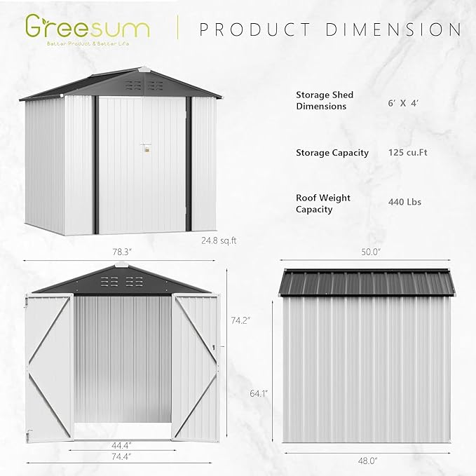 Greesum 6x4FT Outdoor Storage Shed, Utility Tool Shed Metal Storage Garden Shed with Door & Lock for Patio Storage, White