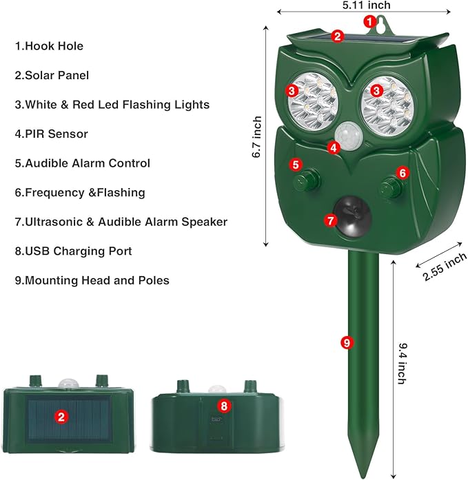2025 Solar Ultrasonic Racoon Fortress Pro, Deer Cat Repellent Devices Animal Repeller Squirrel Rabbit Deterrent Outdoor with Motion Sensor&Flash Light to Scare Dog Skunk Out of Garden Yard(2Pack)
