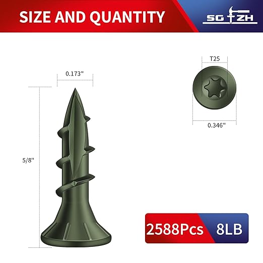 #8 x 5/8" Deck Screws (2588Pcs) 8lb. Carbon Steel, Green, Flat Head, Rust Resistant epoxy Coated, with T25 Star Bit