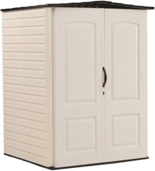 Rubbermaid Medium Vertical Resin Outdoor Storage Shed With Floor (4.3 x 4.6 Ft), Weather Resistant, Beige/Brown, Organization for Home/Backyard/Garden Tools/Lawn Mower/Bike Storage/Pool Supplies