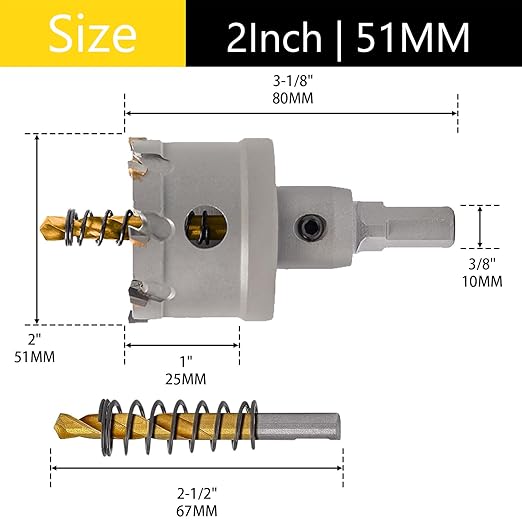2'' (51mm) Hole Saw Heavy Duty Carbide 2-Pack Tungsten Carbide Tipped Hole Cutters cuts Stainless Steel, mild Steel, Iron, Copper, Brass, Plastic Titanium-Plated Pilot Drill Bits