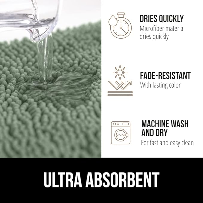 GORILLA GRIP Bath Rug Mat, Soft Absorbent Chenille, Quick Dry Microfiber Mats, Rubber Backing Washable Shower Floor Rugs, Bathmat Runner, US Designed Bathroom Home Decor Accessories 24x17 Sage Green