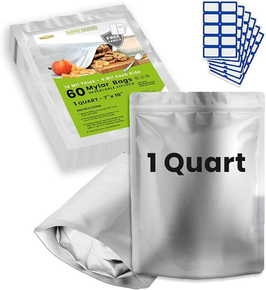 60pcs 1 Quart Mylar Bags for Food Storage - ExtraThick 10 Mil - Smell Proof Mylar bags 1 Quart - Stand-Up Zipper Pouches 7" x 10" - Small Mylar Bags for Food Storage - Heat Sealable
