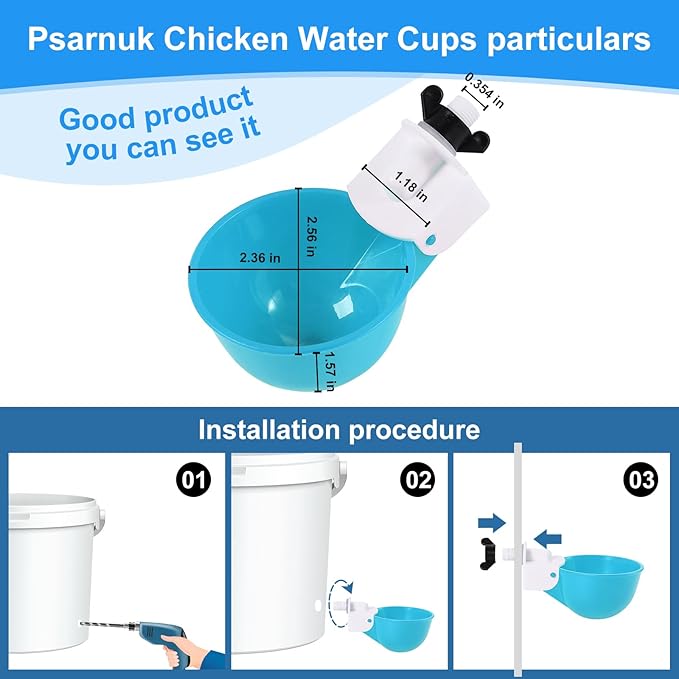 Chicken Waterer Cups (8 Pack/Light Blue) - DIY Automatic Large Chicken Water Feeder for Ducks,Chicks, Turkeys, Quail, Bunny, Bird and Other Various Poultry Dispenser with Matching Drill