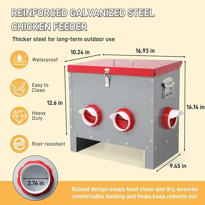 Automatic Chicken Feeder-40LB Metal Poultry Feeder No Waste with 6 Feeding Ports, Rat Proof Auto Chicken Feeders with Rust-Resistant Steel Frame, Locking Lid & Handle for Duck Geese Outdoor Use