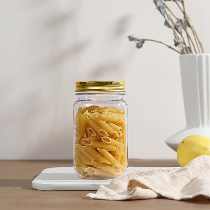 novelinks 16 oz Clear Plastic Jars with Screw-On Lids - BPA-Free Refillable Storage Containers for Slime, Food, Crafts, Kitchen & Household Use (10 Pack,Gold)