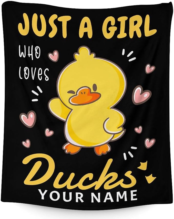 Personalized Duck Throw Blanket with Name- Soft, Fuzzy & Warm- 30x40 Inches Lap Size Blanket for Couch, Office - Black Cute Throw Gift for Girls, Boys