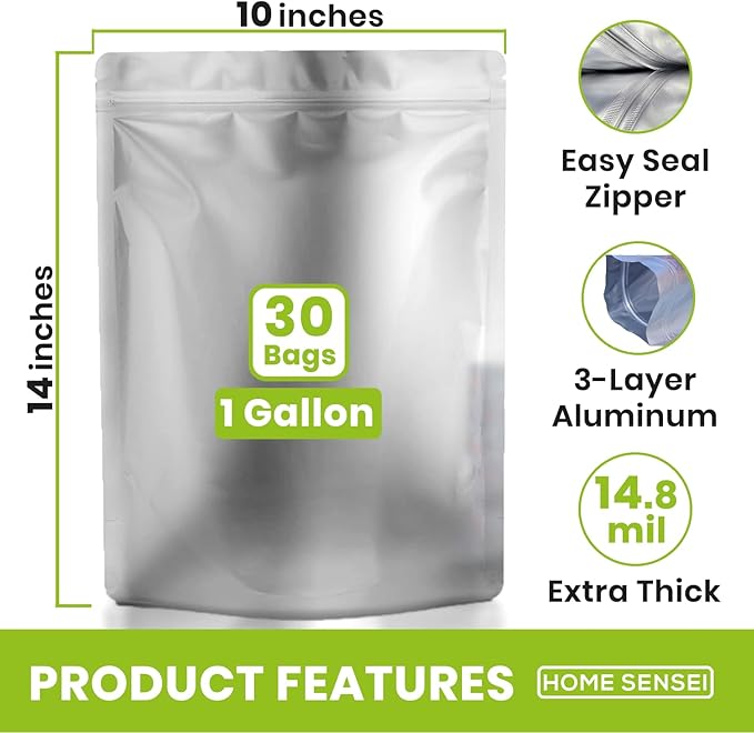 30 Mylar Bags for Food Storage 1 Gallon - Extra Thick 15 Mil - Long Term & Food Grade - Mylar Bags with Oxygen Absorbers 400cc- Zipper, Resealable, Stand-up Gousset - Bolsas Mylar con Abosrbentes