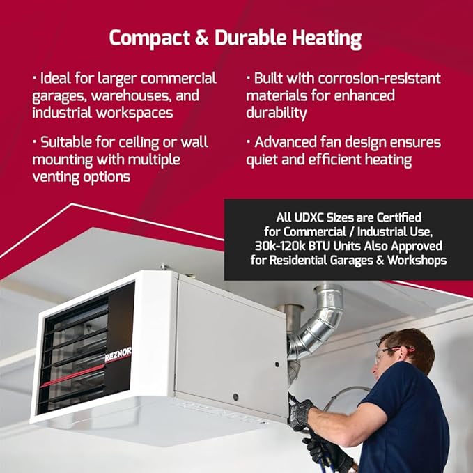 Reznor 225,000 BTU LP Gas Commercial Propane Heater | Garage, Warehouse, and Propane Shop Heater | Forced Air Unit, Ceiling Mount, Low Static Propeller Fan | UDXC-225