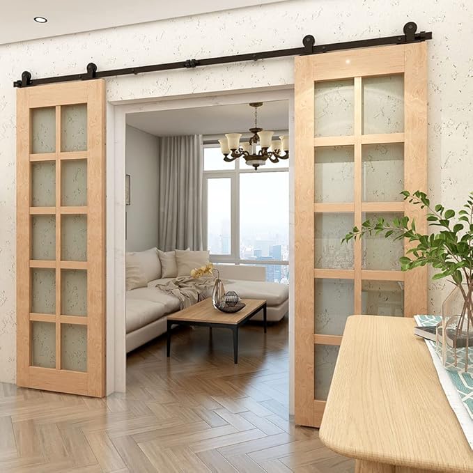 CCJH 5.5FT Sliding Barn Door Hardware Kit Heavy Duty Smoothly and Silently Easy to Install Fit 16" Width Double Door Panel T-Shaped Style Black
