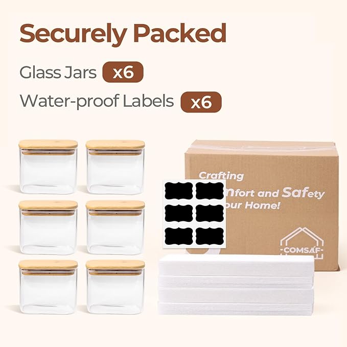 ComSaf 0.7 Qt Rectangle Glass Storage Containers with Lids, Glass Jars with Bamboo Lids, Clear Food Jar, Sugar Coffee Containers, Small Pantry Storage Container for Tea Candy Nuts Spices Oat