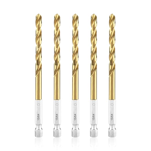 amoolo 15/64 Twist Drill Bit Set, 5Pcs Titanium HSS Hex Shank Impact Drill Bit Set for Metal, Steel, Wood, Plastic, Quick Change Design