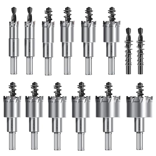 ASNOMY 14Pcs TCT Hole Saw Kit, 1/2"-2-1/8"Inch Tungsten Carbide Tipped Hole Cutters Set Heavy Duty Hole Saw for Metal Stainless Steel Iron Wood Plastic, with Extra 2pcs Pilot Drill Bits