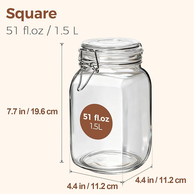 ComSaf Airtight Glass Canister Set of 3 with Lids 51oz Clear Food Storage Jars Square, Kitchen & Pantry Organization Food Storage Container for Canning, Sugar, Flour, Pasta, Candy, Cereal, Coffee